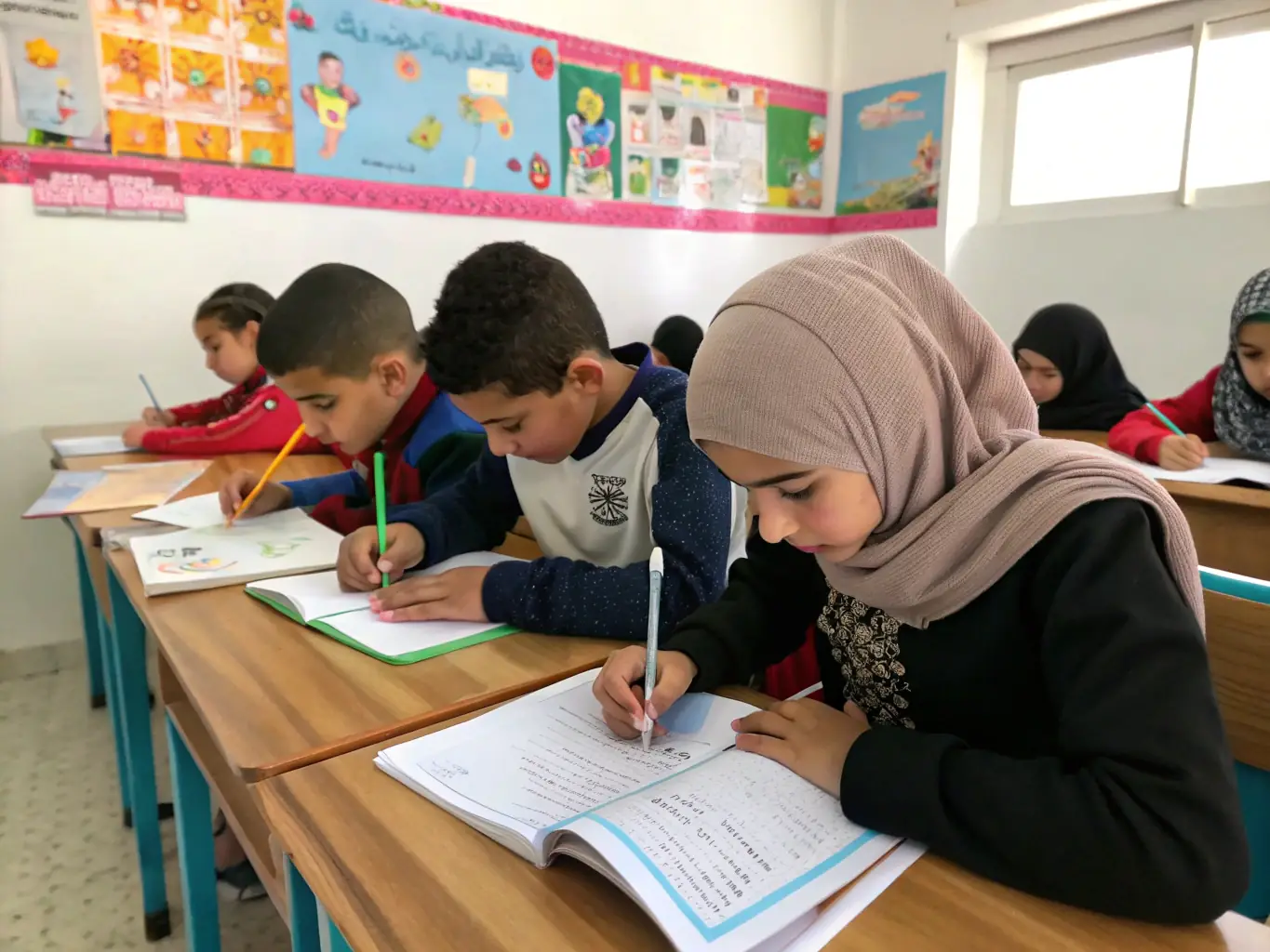 A vibrant image of young children learning Arabic calligraphy in a classroom setting at the Ikhlas Community Centre, with an instructor guiding them.