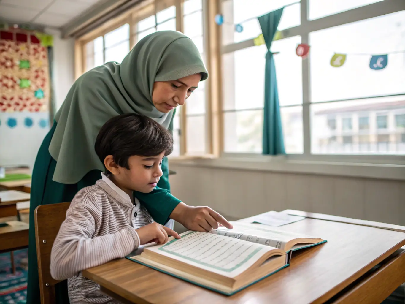 A vibrant image of children engaged in a Qur'an class, learning and reciting verses with enthusiasm, set in a brightly lit classroom at Ikhlas Community Centre.
