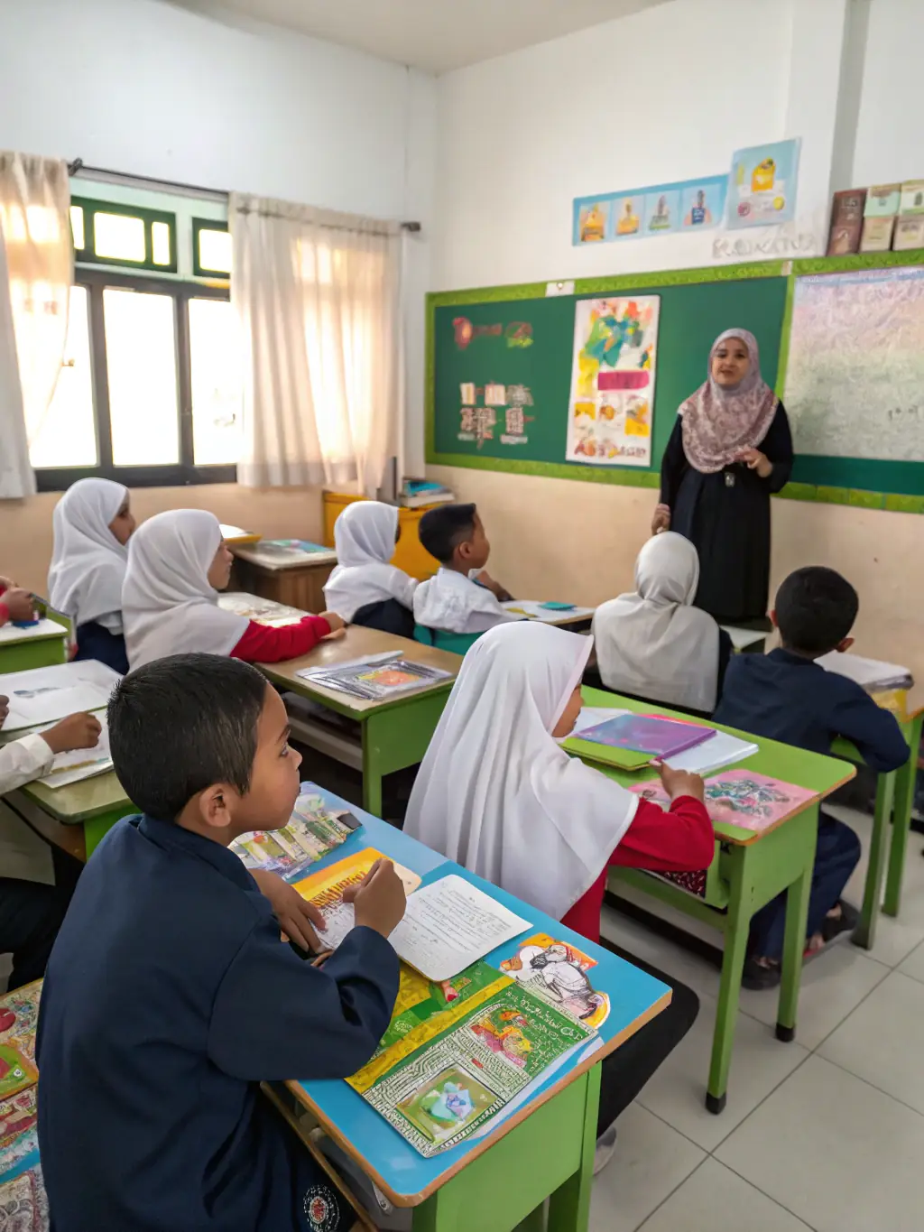 A group of children sitting on the floor in a classroom, attentively listening to a teacher explain the Quran. The classroom is decorated with colorful Islamic art and educational posters.