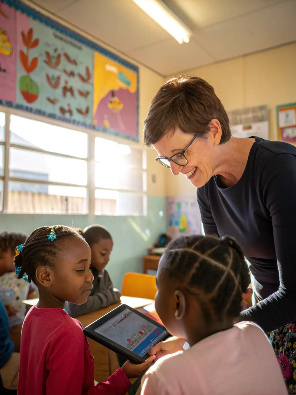 A teacher instructing students in Urdu language skills, using textbooks and interactive exercises.