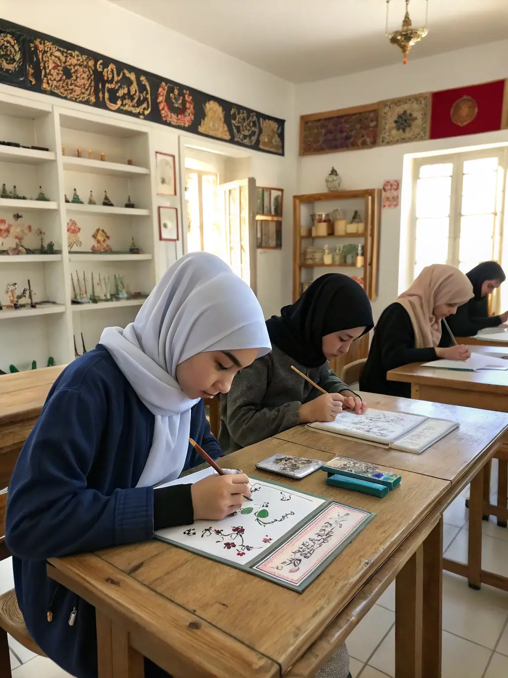 Students in an Arabic class learning to write Arabic calligraphy on whiteboards, guided by an instructor.